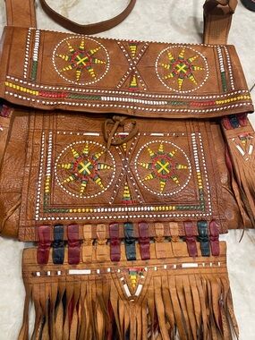 VTG Handmade Moroccan Leather Fringe Tuareg Bag Embroidery Boho Festival Native